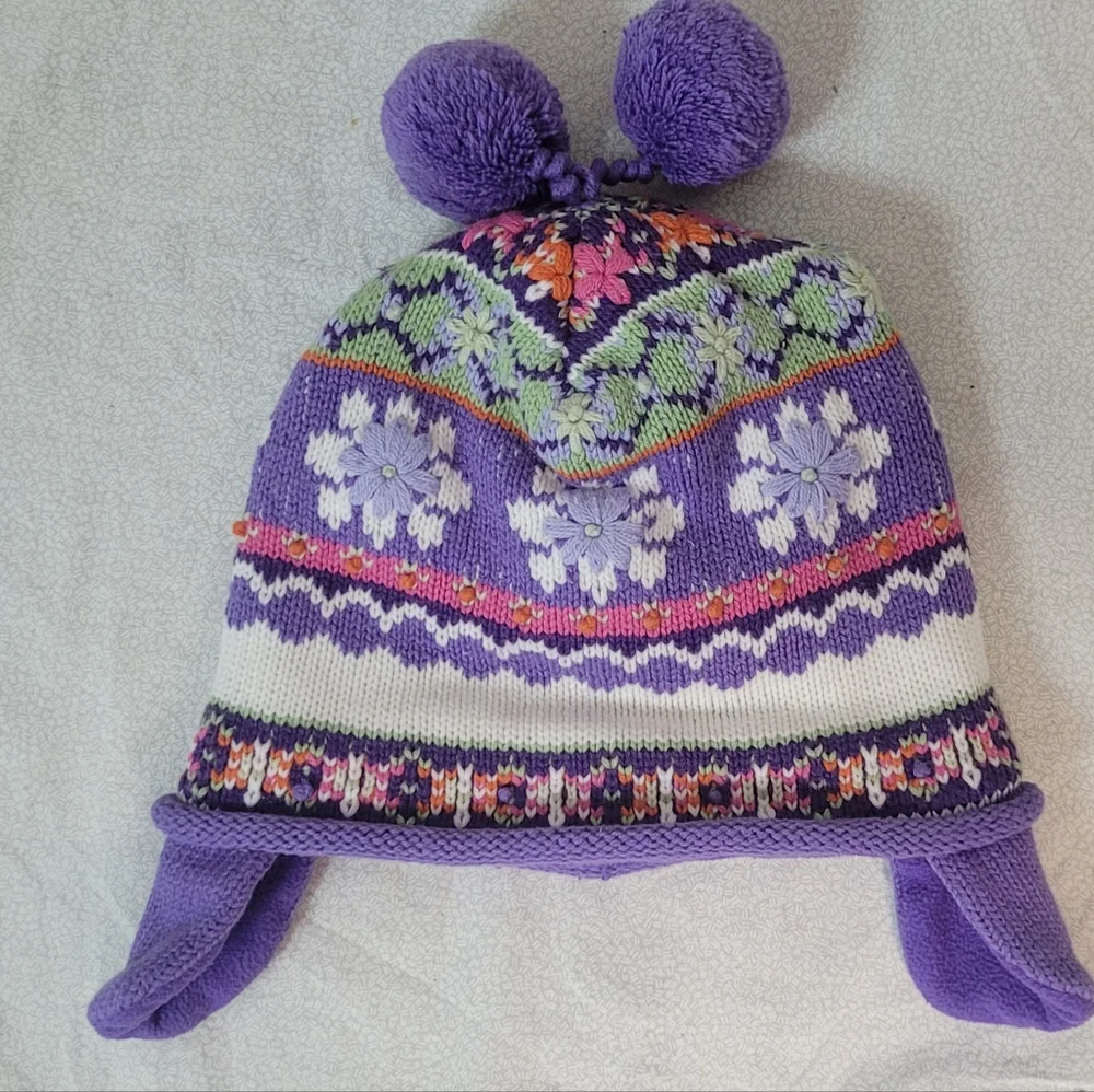Children's Place Winter Beanie Knit Hat With Ear Flaps, 18-24 Months Pom pom